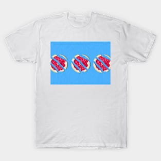 Three broken grapefruit on electric blue background T-Shirt